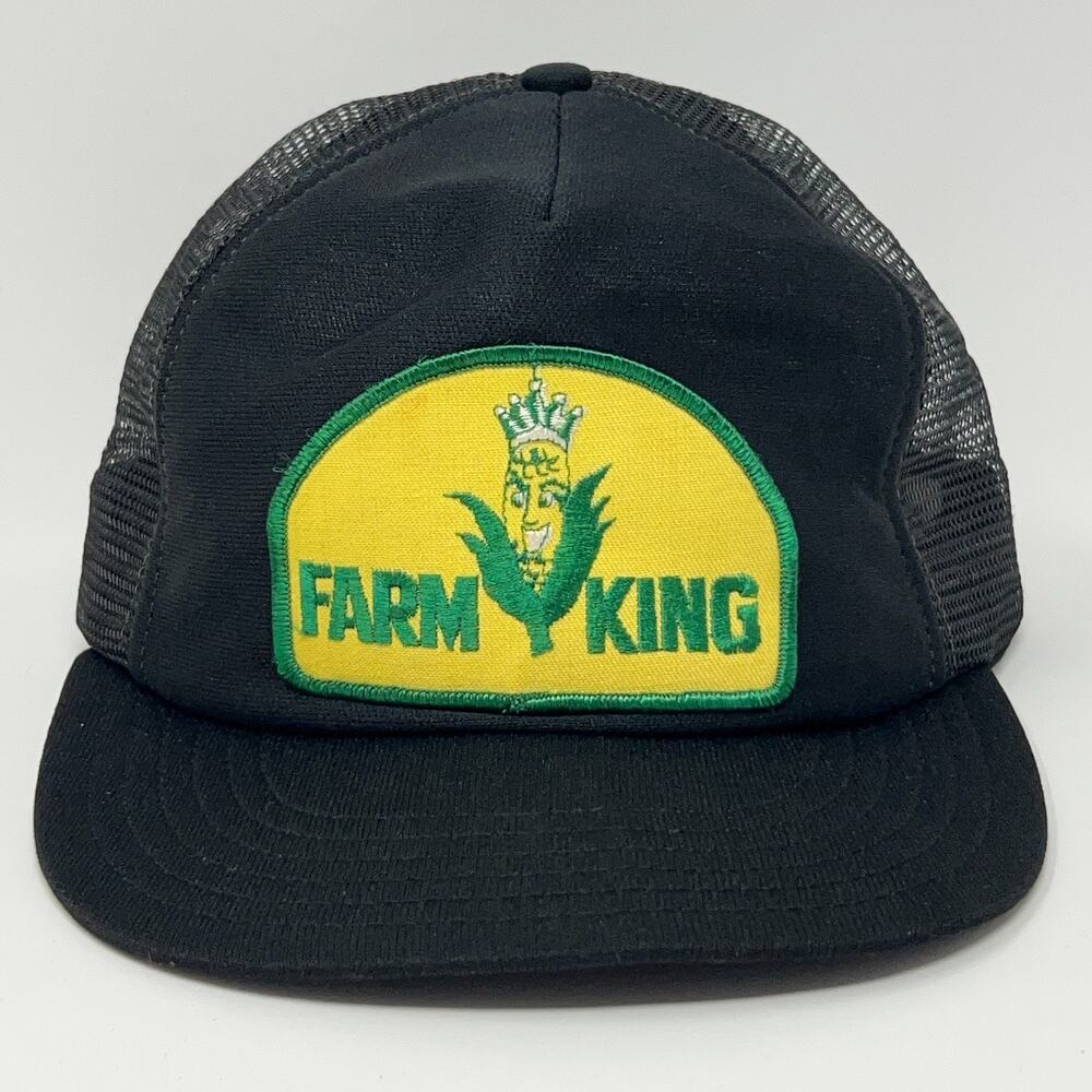 Vintage 80s Farm King Patch Trucker Hat Baseball Cap USA Mesh Snapback Black